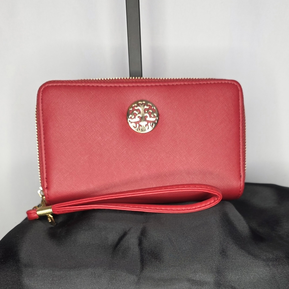 Red Zip-Around Wristlet Wallet with Gold Medallion – Chic, Classic, Everyday Lux